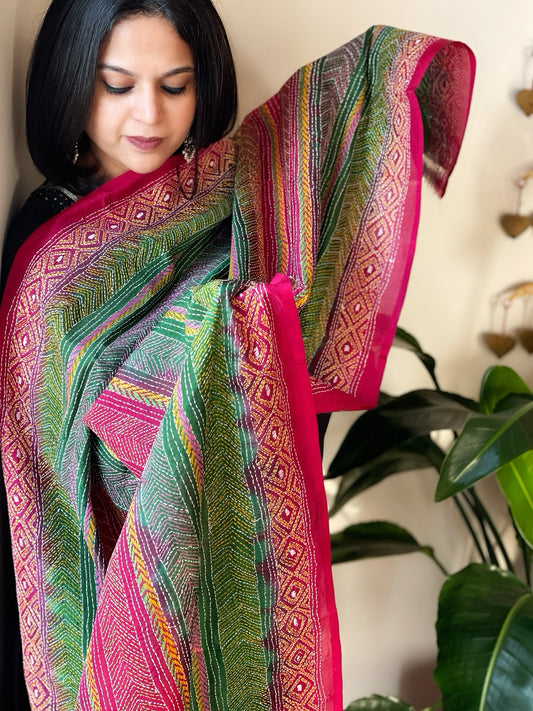 Pink, Green Handmade Kantha Dupatta in Silk