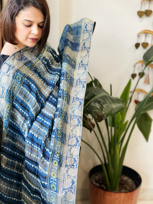 Ajrakh Handblock Printed Organza Crepe Dupatta with Banarasi Border