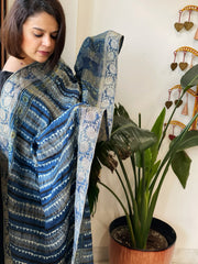 Ajrakh Handblock Printed Organza Crepe Dupatta with Banarasi Border