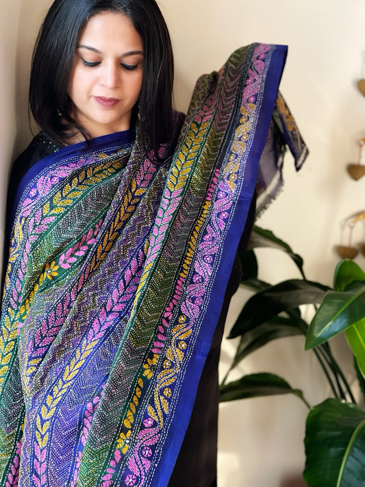 Blue, Green Handmade Kantha Dupatta in Silk