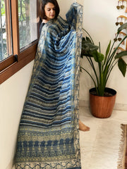 Ajrakh Handblock Printed Organza Crepe Dupatta with Banarasi Border