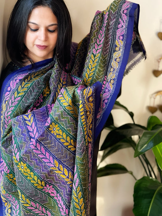 Blue, Green Handmade Kantha Dupatta in Silk