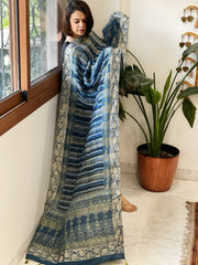 Ajrakh Handblock Printed Organza Crepe Dupatta with Banarasi Border