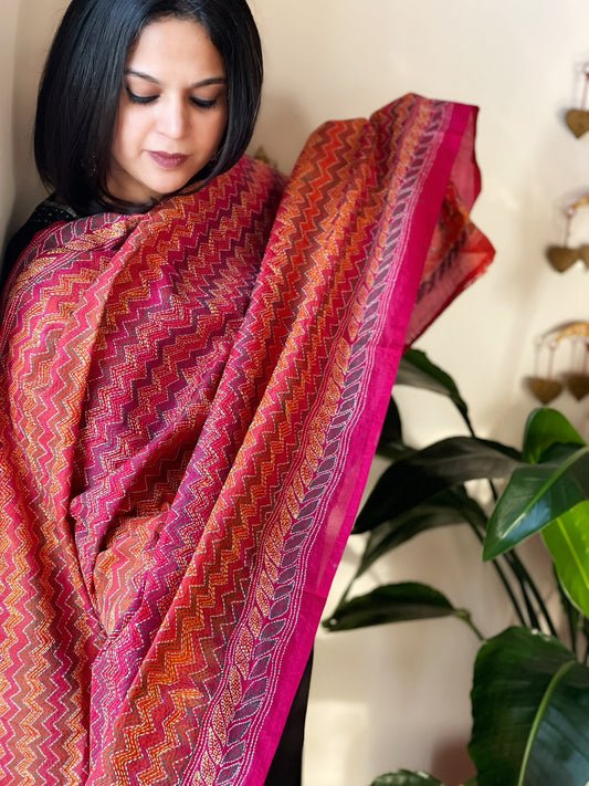 Orange, Pink Handmade Kantha Dupatta in Silk