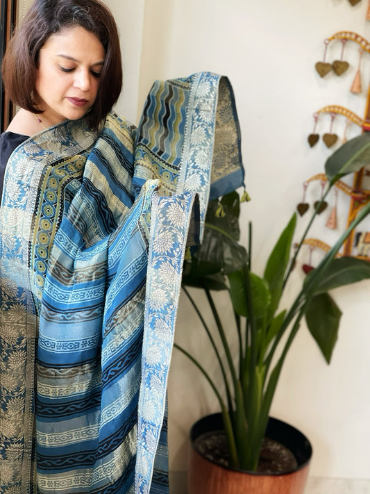 Ajrakh Handblock Printed Organza Crepe Dupatta with Banarasi Border