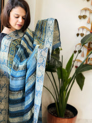 Ajrakh Handblock Printed Organza Crepe Dupatta with Banarasi Border