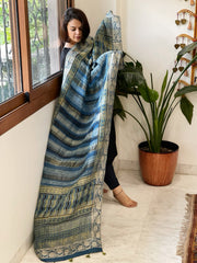 Ajrakh Handblock Printed Organza Crepe Dupatta with Banarasi Border