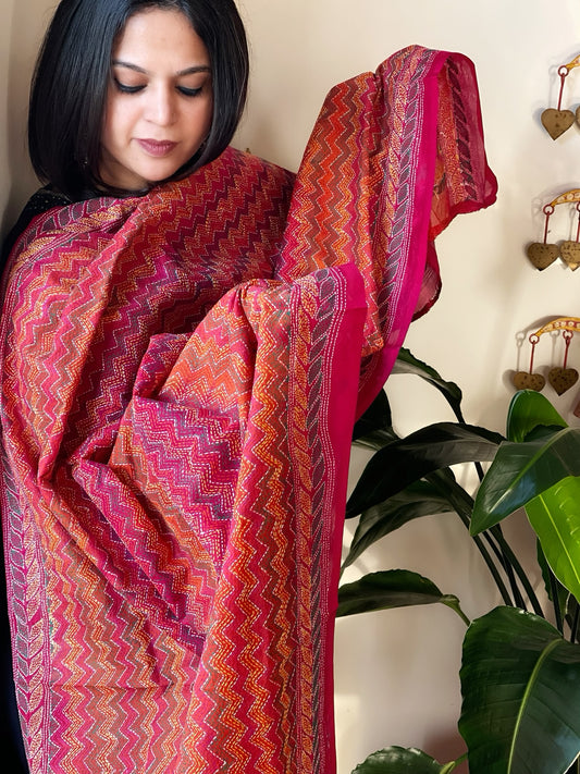 Orange, Pink Handmade Kantha Dupatta in Silk