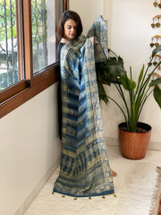 Ajrakh Handblock Printed Organza Crepe Dupatta with Banarasi Border