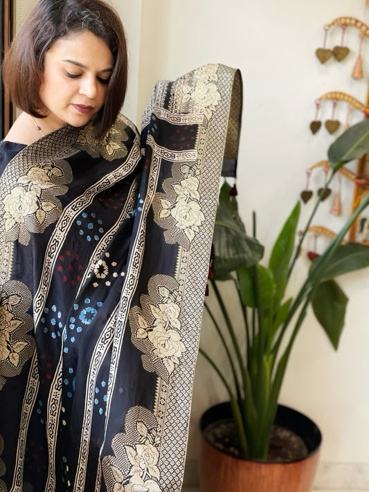Ajrakh Handblock Printed Organza Crepe Dupatta with Banarasi Border