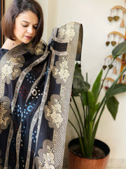 Ajrakh Handblock Printed Organza Crepe Dupatta with Banarasi Border