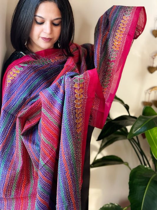 Blue, Pink Handmade Kantha Dupatta in Silk