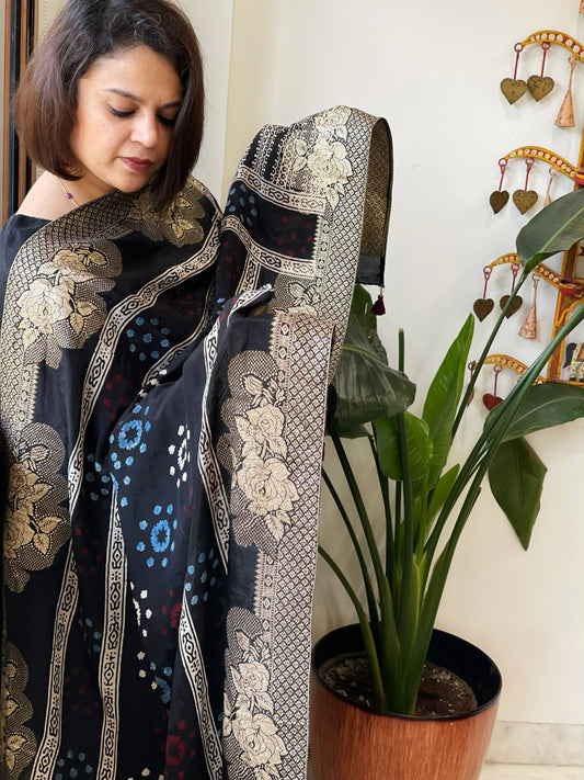 Ajrakh Handblock Printed Organza Crepe Dupatta with Banarasi Border