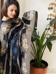 Ajrakh Handblock Printed Organza Crepe Dupatta with Banarasi Border