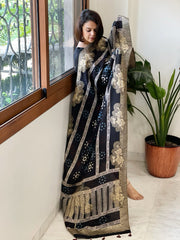 Ajrakh Handblock Printed Organza Crepe Dupatta with Banarasi Border