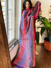 Blue, Pink Handmade Kantha Dupatta in Silk