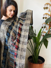 Ajrakh Handblock Printed Organza Crepe Dupatta with Banarasi Border