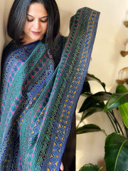 Blue, Green Handmade Kantha Dupatta in Silk