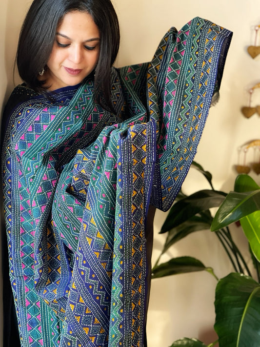 Blue, Green Handmade Kantha Dupatta in Silk