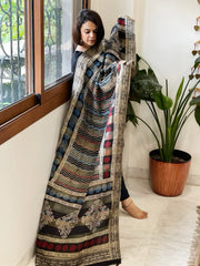 Ajrakh Handblock Printed Organza Crepe Dupatta with Banarasi Border