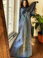 Blue, Green Handmade Kantha Dupatta in Silk