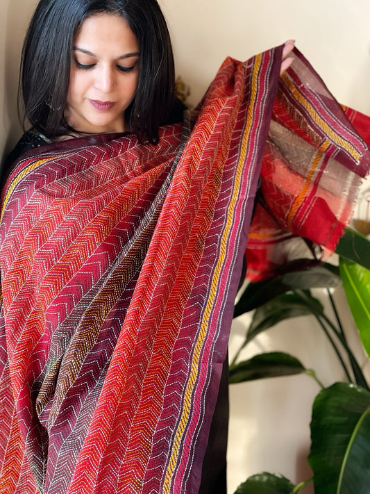 Orange Maroon Handmade Kantha Dupatta in Silk