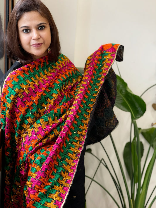 Black Handmade Phulkari Dupatta in Cotton