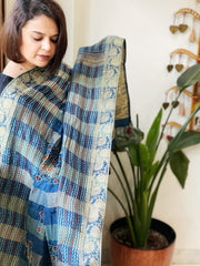 Ajrakh Handblock Printed Organza Crepe Dupatta with Banarasi Border