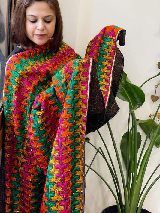 Black Handmade Phulkari Dupatta in Cotton