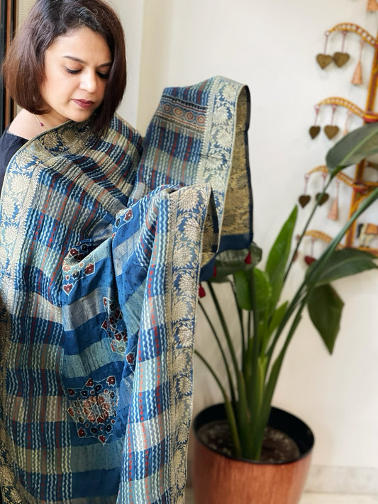 Ajrakh Handblock Printed Organza Crepe Dupatta with Banarasi Border