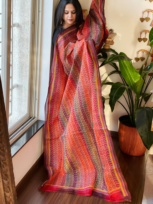 Orange Maroon Handmade Kantha Dupatta in Silk