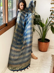 Ajrakh Handblock Printed Organza Crepe Dupatta with Banarasi Border