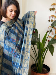 Ajrakh Handblock Printed Organza Crepe Dupatta with Banarasi Border
