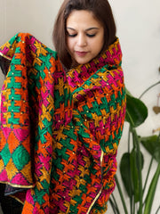 Black Handmade Phulkari Dupatta in Cotton