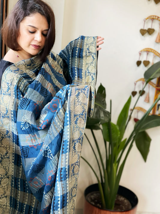 Ajrakh Handblock Printed Organza Crepe Dupatta with Banarasi Border