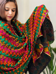 Black Handmade Phulkari Dupatta in Cotton