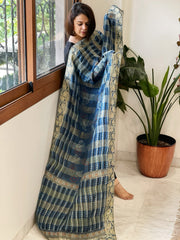 Ajrakh Handblock Printed Organza Crepe Dupatta with Banarasi Border