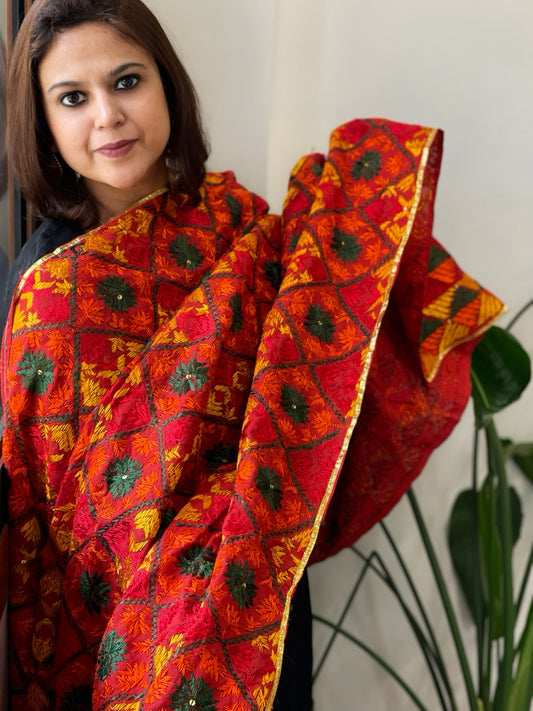 Red Handmade Phulkari Dupatta in Cotton