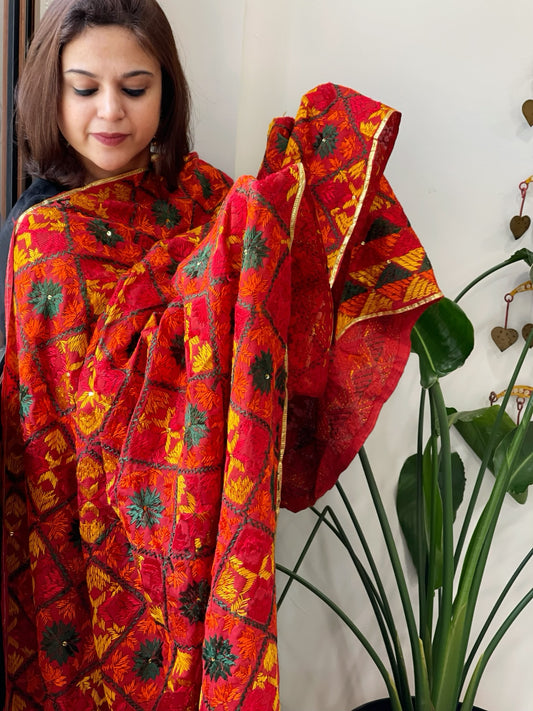 Red Handmade Phulkari Dupatta in Cotton