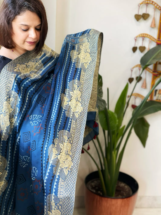 Ajrakh Handblock Printed Organza Crepe Dupatta with Banarasi Border
