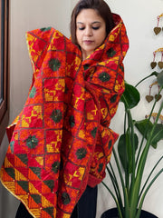 Red Handmade Phulkari Dupatta in Cotton