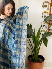 Ajrakh Handblock Printed Organza Crepe Dupatta with Banarasi Border