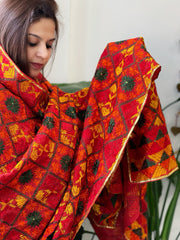 Red Handmade Phulkari Dupatta in Cotton