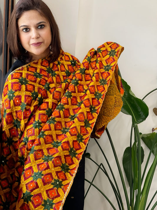 Yellow Handmade Phulkari Dupatta in Cotton