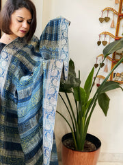 Ajrakh Handblock Printed Organza Crepe Dupatta with Banarasi Border