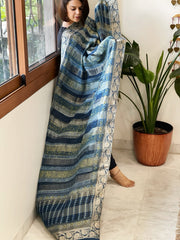 Ajrakh Handblock Printed Organza Crepe Dupatta with Banarasi Border