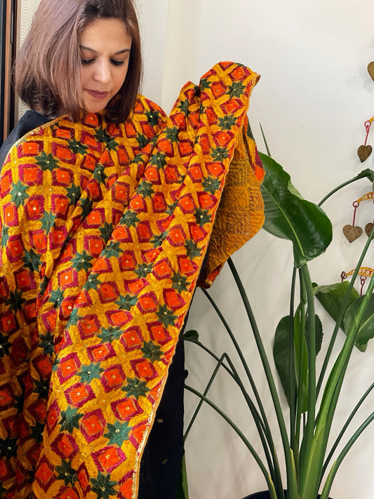 Yellow Handmade Phulkari Dupatta in Cotton