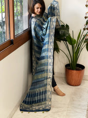 Ajrakh Handblock Printed Organza Crepe Dupatta with Banarasi Border