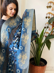 Ajrakh Handblock Printed Organza Crepe Dupatta with Banarasi Border