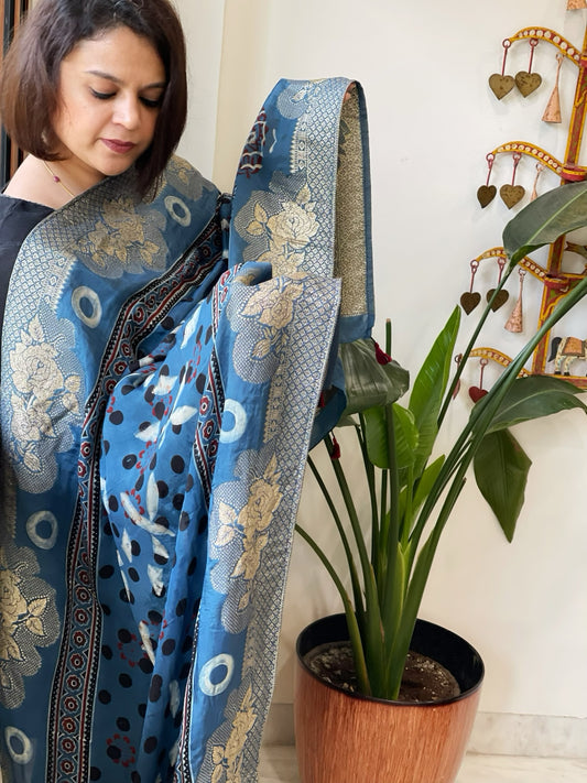 Ajrakh Handblock Printed Organza Crepe Dupatta with Banarasi Border